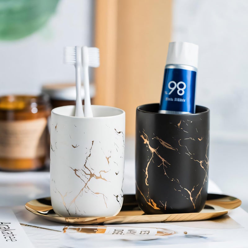 The Better Home Toothbrush Holder and Mouthwash Cup Set with Metal Tray | Ceramic Bathroom Accessories Set | Bathroom Organiser with Non Slip Base | Bathroom Decor | House Warming Gift for New Home - Image 1