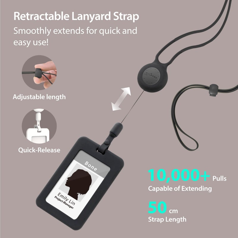 BONE COLLECTION Bone Lanyard Retractable Badge Holder, Vertical ID Card Case with Card Slot & Anti-Slip Design, Large Storage Capacity, Adjustable Silicone Neck Strap with Retractable Cord (Black - Vertical) - Image 3
