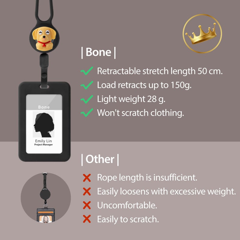 BONE COLLECTION Bone Lanyard Retractable Badge Holder, Vertical ID Card Case with Card Slot & Anti-Slip Design, Large Storage Capacity, Adjustable Silicone Neck Strap with Retractable Cord (Black - Vertical) - Image 5