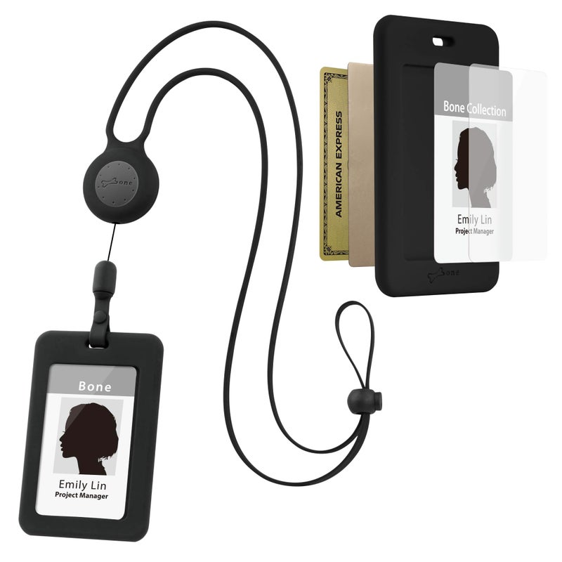 BONE COLLECTION Bone Lanyard Retractable Badge Holder, Vertical ID Card Case with Card Slot & Anti-Slip Design, Large Storage Capacity, Adjustable Silicone Neck Strap with Retractable Cord (Black - Vertical) - Image 1