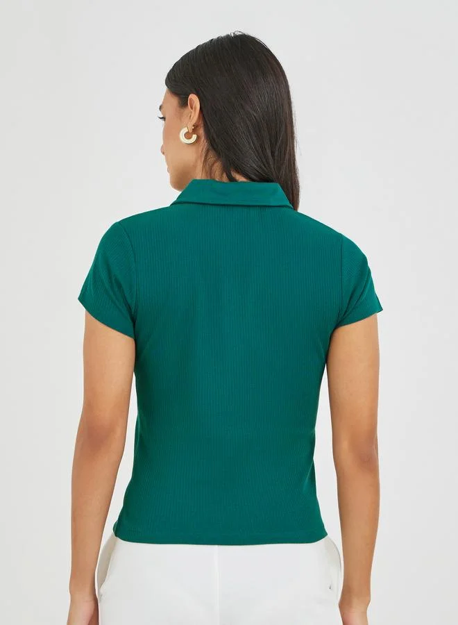 Styli Styli Wide Ribbed Contrast Badge Detail Cropped Polo T-Shirt