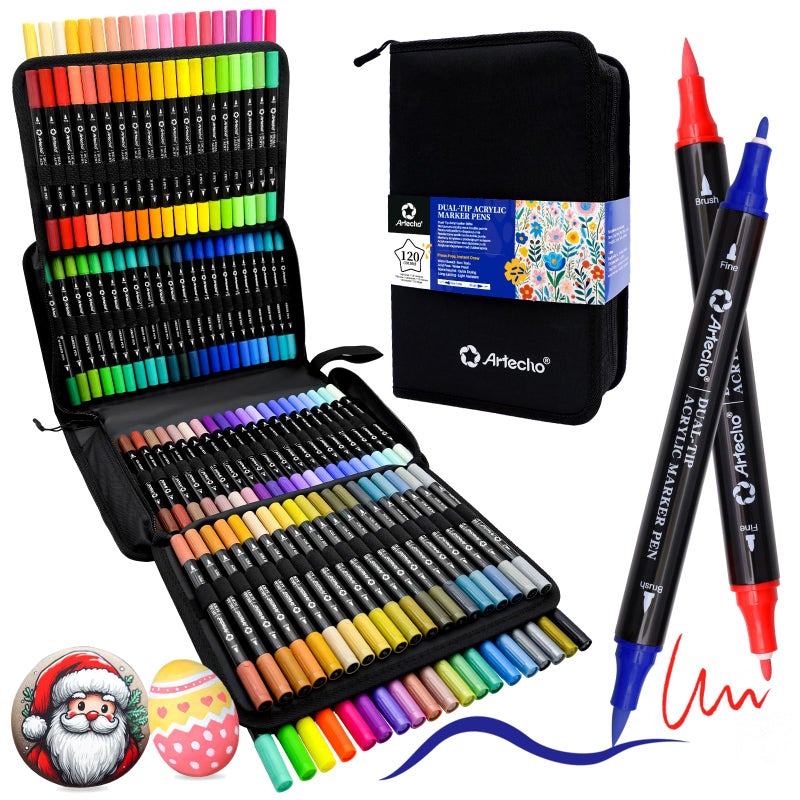 Artecho Acrylic Paint Markers 120 Colors with Bag, Acrylic Paint Pens with Brush Tip and Fine Tip for Stone, Rock Painting, Paper, Pumpkin, Wood, Egg, Canvas, Ceramic, Fabric, leather, Glass - Image 1