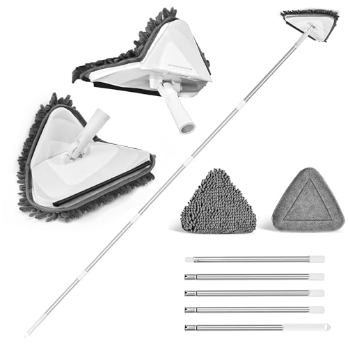JEHONN Wall Mop with Long Handle 80 inches, Upgraded 180° Collapsible Baseboard Cleaner Tool with Squeegee, Ceiling Duster with 1 Microfiber and 1 Chenille Pad for Cleaning Window, Cabinet (White) - Image 1