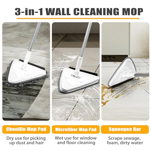 JEHONN Wall Mop with Long Handle 80 inches, Upgraded 180° Collapsible Baseboard Cleaner Tool with Squeegee, Ceiling Duster with 1 Microfiber and 1 Chenille Pad for Cleaning Window, Cabinet (White) - Image 4