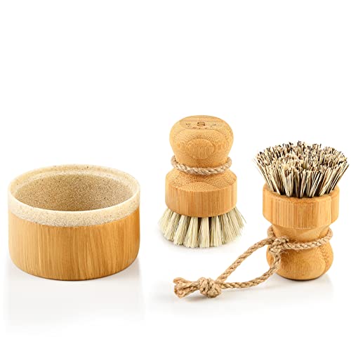 SUBEKYU Bubble Up Bamboo Dish Brush Set with Soap Holder Wooden Dish Scrubber with Soap Dispenser Natural Kitchen Scrub Brush Washing PotPansCast Iron 2 Pack Sisal  Coconut Palm Bristles