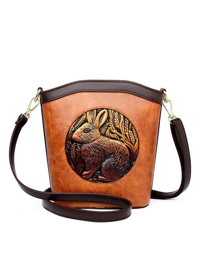 Women's Retro PU Leather Crossbody Bag, Lightweight Multi-Compartment Shoulder Bag with Embossed Rabbit Design - Image 1