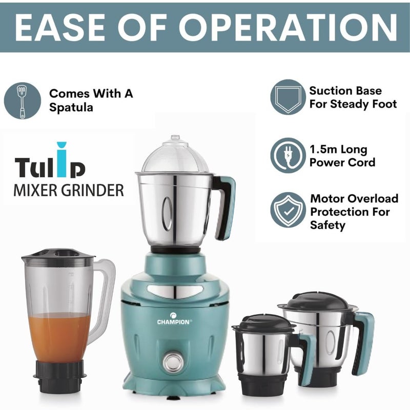 Champion Champion Tulip 750 watt Mixer Grinder with 3 Stainless Steel Jars and 1 Juicer Jar with Lid and 18000 RPM Motor Speed  - Image 3