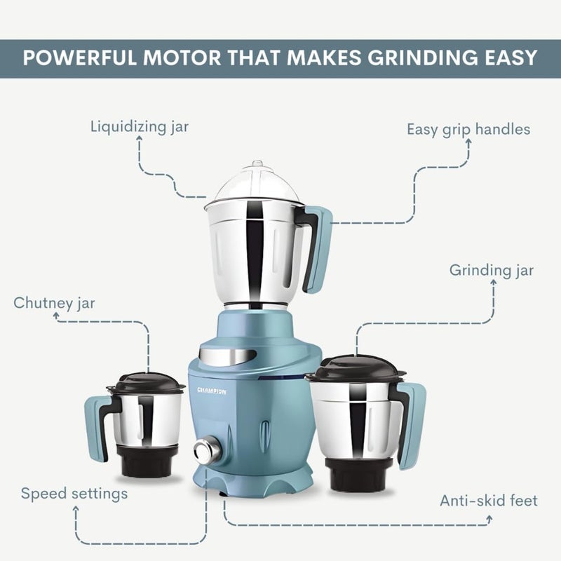 Champion Champion Tulip 750 watt Mixer Grinder with 3 Stainless Steel Jars and 1 Juicer Jar with Lid and 18000 RPM Motor Speed  - Image 4