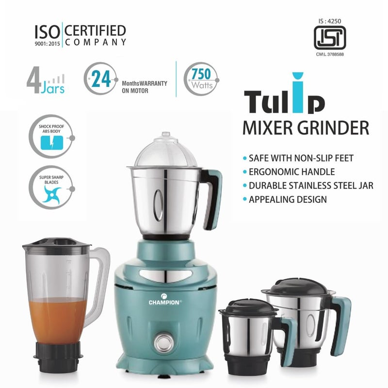 Champion Champion Tulip 750 watt Mixer Grinder with 3 Stainless Steel Jars and 1 Juicer Jar with Lid and 18000 RPM Motor Speed  - Image 2