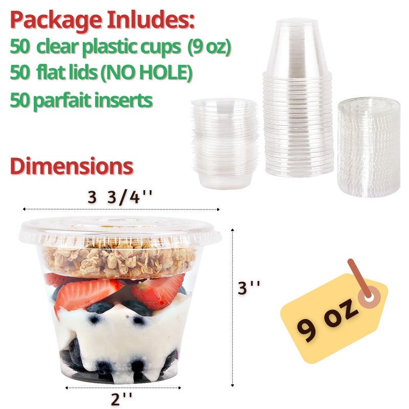 Aatriet 9 oz Clear Plastic Parfait Cups with Insert 3.25oz & Flat Lids No Hole - (50 Sets) Yogurt Fruit Parfait Cups for Kids  for Dips and Veggies  Take Away Breakfast and Snacks. No Leaking - Image 3