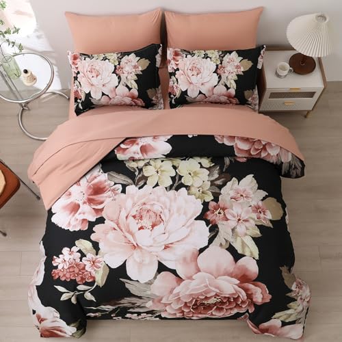 Dintszyayue Queen Comforter Set Black 7 Pieces Bed in a Bag, Pink Floral Bedding Sets Elegant Flower Bed Set Lightweight Comforter for All Season with Flat Sheet, Fitted Sheets, Pillowcases & Shams - Image 2