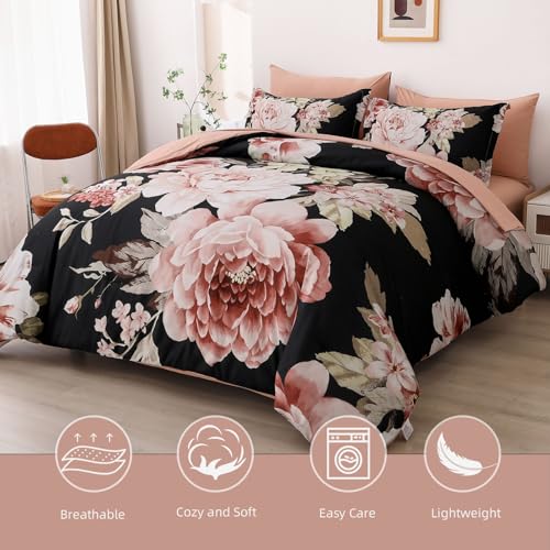 Dintszyayue Queen Comforter Set Black 7 Pieces Bed in a Bag, Pink Floral Bedding Sets Elegant Flower Bed Set Lightweight Comforter for All Season with Flat Sheet, Fitted Sheets, Pillowcases & Shams - Image 3