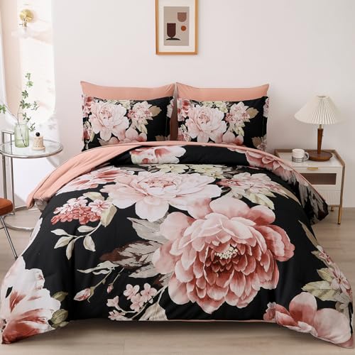 Dintszyayue Queen Comforter Set Black 7 Pieces Bed in a Bag, Pink Floral Bedding Sets Elegant Flower Bed Set Lightweight Comforter for All Season with Flat Sheet, Fitted Sheets, Pillowcases & Shams - Image 1