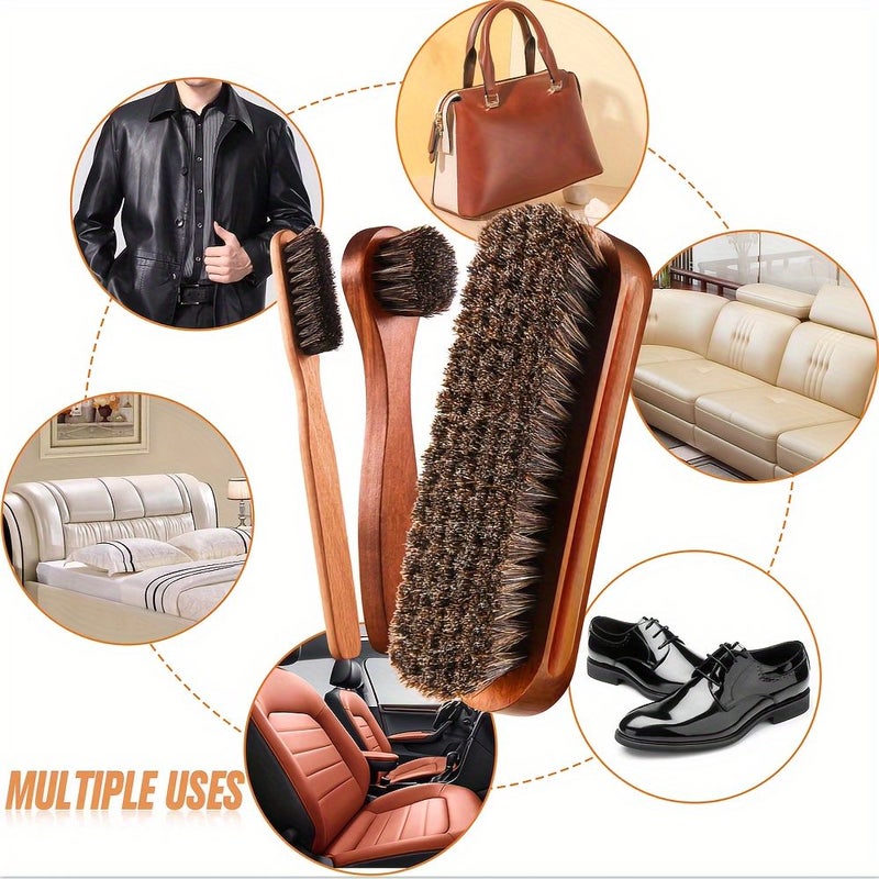Horsehair Gloss Shoe Brush Kit Polishing Applicator Clean Shoe Care Black Interior Detailing - Image 4