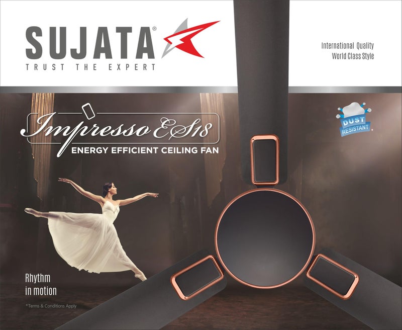 Sujata Ceiling Fan | 100% Copper Winding | 5-Year Warranty | Decorative Ceiling Fan for Living Room/Bedroom | Powerful Airflow | BEE Star Rated | Impresso ES18 (Matt Bronze Copper) - Image 4