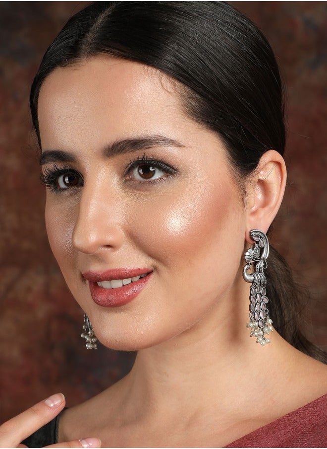 ISHIN Silver-Toned Peacock Shaped Drop Earrings  - Image 3