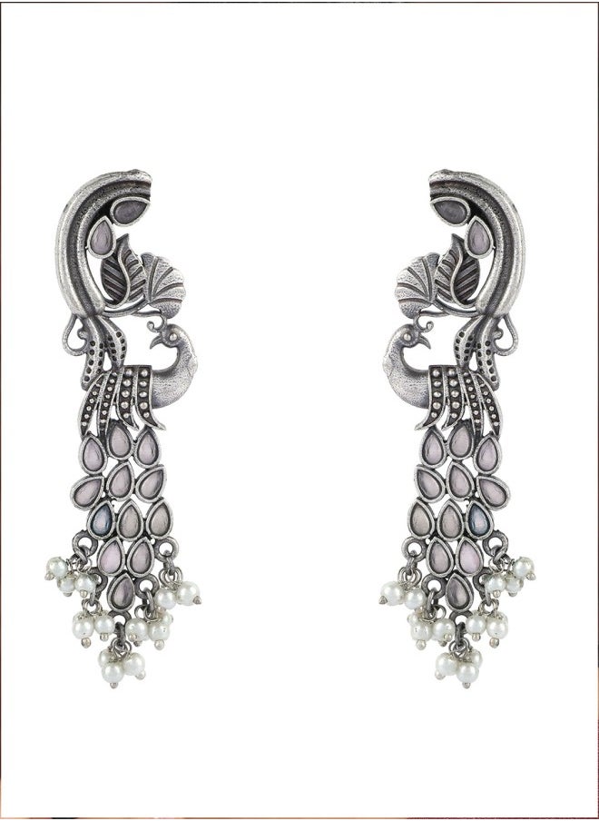 ISHIN Silver-Toned Peacock Shaped Drop Earrings  - Image 4