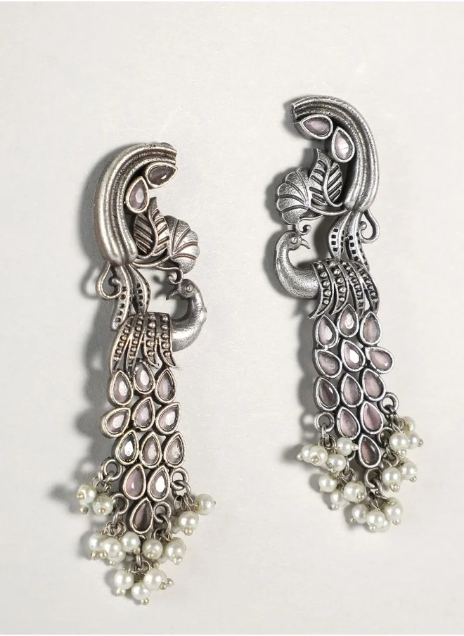 ISHIN Silver-Toned Peacock Shaped Drop Earrings