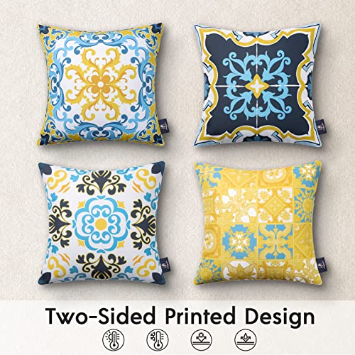 Phantoscope Set of 4 Outdoor Waterproof Throw Decorative Pillow Cover Geometric Boho Farmhouse Outdoor Pillows Cushion Case for Patio Furnitures Tent Blue and Yellow 18x18 Inches - Image 3