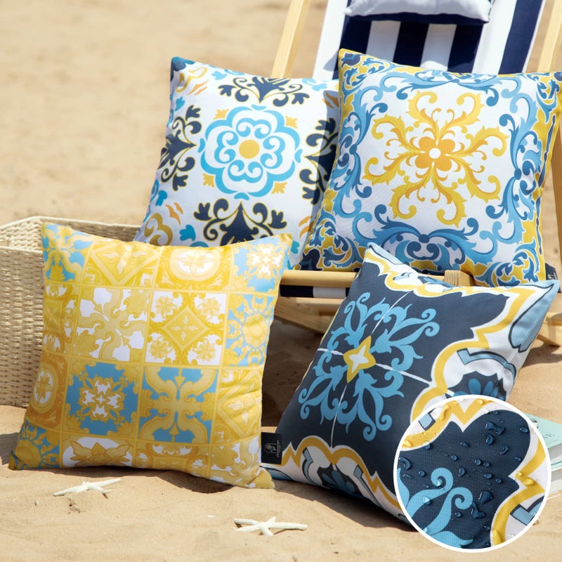 Phantoscope Set of 4 Outdoor Waterproof Throw Decorative Pillow Cover Geometric Boho Farmhouse Outdoor Pillows Cushion Case for Patio Furnitures Tent Blue and Yellow 18x18 Inches - Image 2