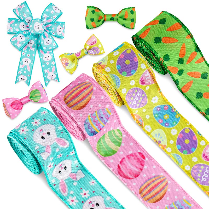 Whaline Easter Wired Edge Ribbon 30 Yard Easter Egg Bunny Rabbit Carrot Ribbon Pastel Spring Color Craft Ribbon Fabric Decorative Wrapping Ribbon Roll for Gift Hair Bow Sewing Crafts Supplies 4 Roll
