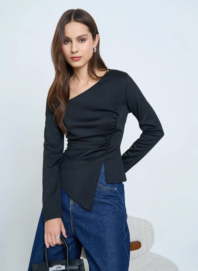 Take Two Black Irregular Neck Slit Hem Long Sleeve Top