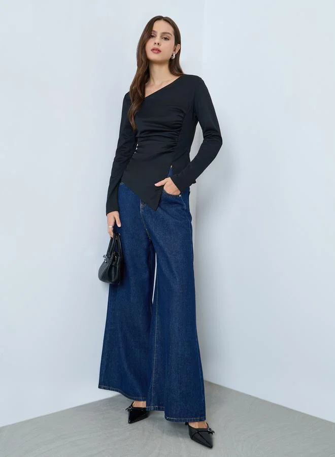 Take Two Black Irregular Neck Slit Hem Long Sleeve Top