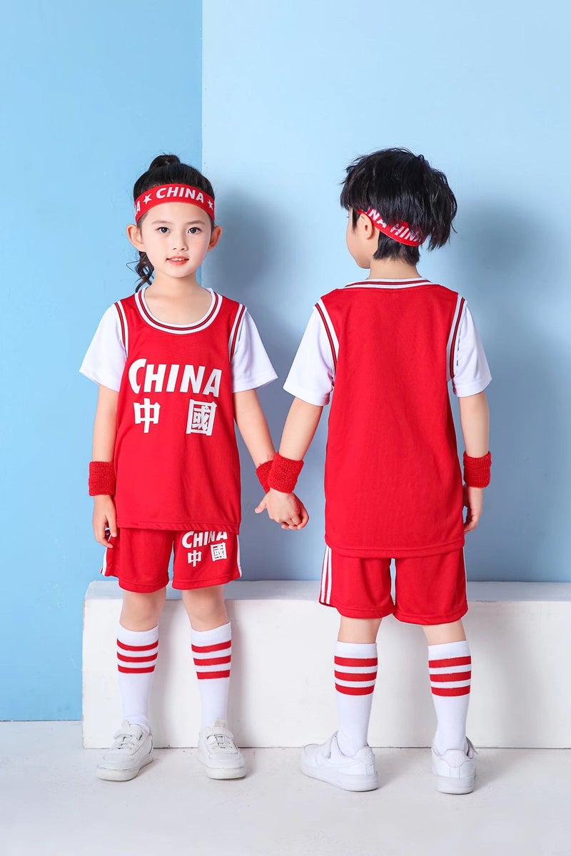 Children'S Chinese Team Jersey Basketball Uniform Kindergarten Baby Short-Sleeved Basketball Jersey Boys And Girls Students Fake Two-Piece Jersey - Image 1