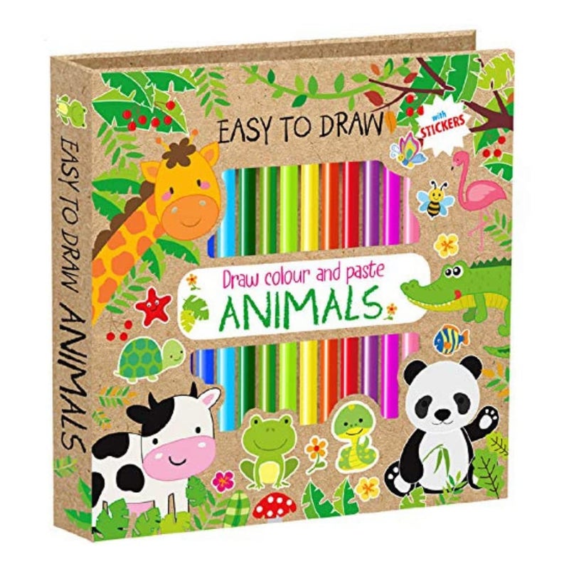 BRIJBASI Hello Friend Animals Easy to Draw Art and Craft Kit 1 Draw Pad with 32 Pages and 8 Stickers with 12 Colour Pencils 4 yrs
