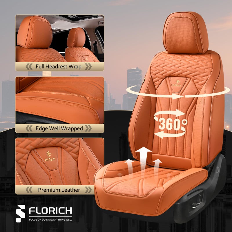 FLORICH Seat Covers, Leather Car Seat Covers Front Seats, Automotive Seat Covers Waterproof Car Seat Cushion Orange Seat Cover Protector Universal Fit for Most Cars Trucks SUVs - Image 3