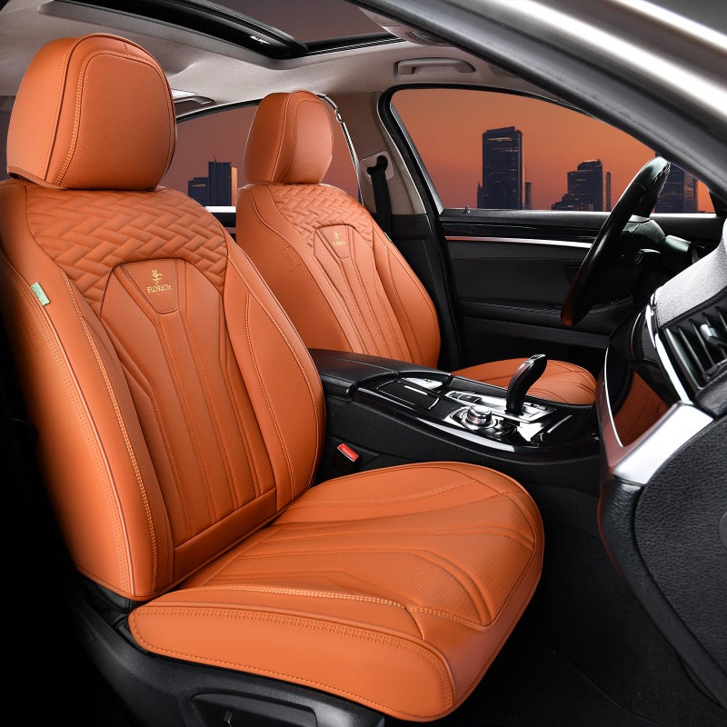 FLORICH Seat Covers, Leather Car Seat Covers Front Seats, Automotive Seat Covers Waterproof Car Seat Cushion Orange Seat Cover Protector Universal Fit for Most Cars Trucks SUVs - Image 1
