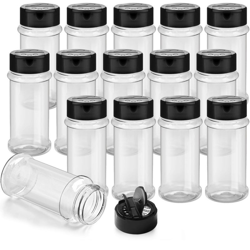 TUZAZO 14 Pcs Spice Bottles Plastic Seasoning Containers, 3 Oz Clear Plastic Spice Jars with Shaker Lids Empty for Spice & Herbs, Powders, Glitters, BPA Free | Heavy Duty | Wide Mouth | Dual Flaps - Image 1