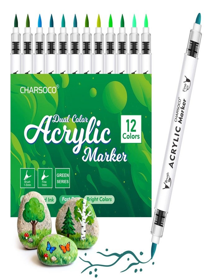 CHARSOCO Green Tones Acrylic Paint Pens, 12 Colors Markers Set with Soft Brush & Bullet Tip, for Rock, Painting, Wood, Glass, Ceramic, Canvas, Stone, DIY Crafts, Making Art Supplies, Fabric Paint - Image 1