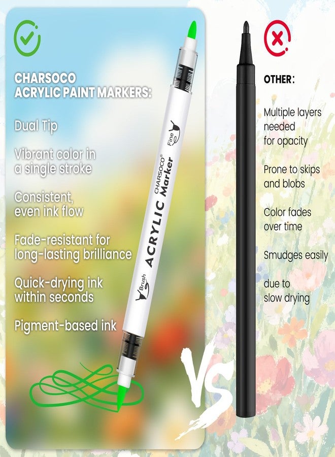 CHARSOCO Green Tones Acrylic Paint Pens, 12 Colors Markers Set with Soft Brush & Bullet Tip, for Rock, Painting, Wood, Glass, Ceramic, Canvas, Stone, DIY Crafts, Making Art Supplies, Fabric Paint - Image 4