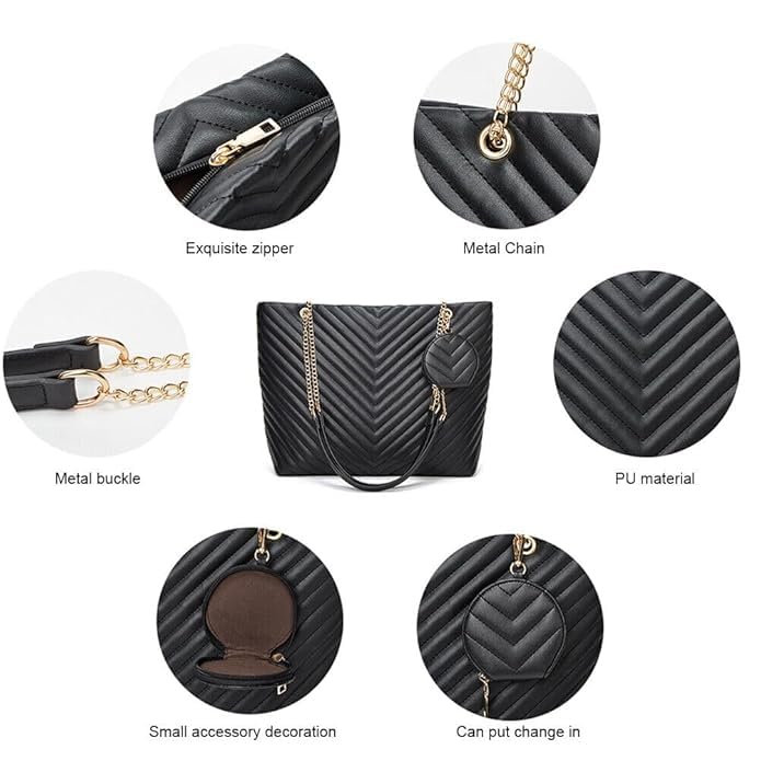 NOJTI Women’s Handbag Tote Bag Premium PU Leather Shoulder Bag with Top Handle & Detachable Strap – Stylish Large Capacity Purse for Office, Casual & Party Use (V-Black) - Image 5