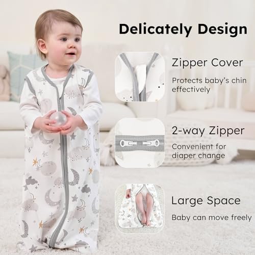 FIEMOL Baby Sleep Sack 6-12 months, 100% Cotton Sleeping Sack for Newborn and Infant, 3 Pack Baby Wearable Blanket for Boy and Girl, 0.5 Tog Lightweight Double Zipper Sleep Bag Grey Moon Bear - Image 3