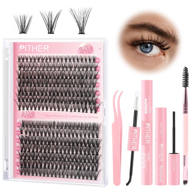PITHER DIY Lash Extension Kit Eyelash Extension Kit 280PCS 30D 40D Mix 916mm Individual Lash Clusters Kit with Applicator Bond and Seal Lash Glue Lash Extension Remover Tweezer
