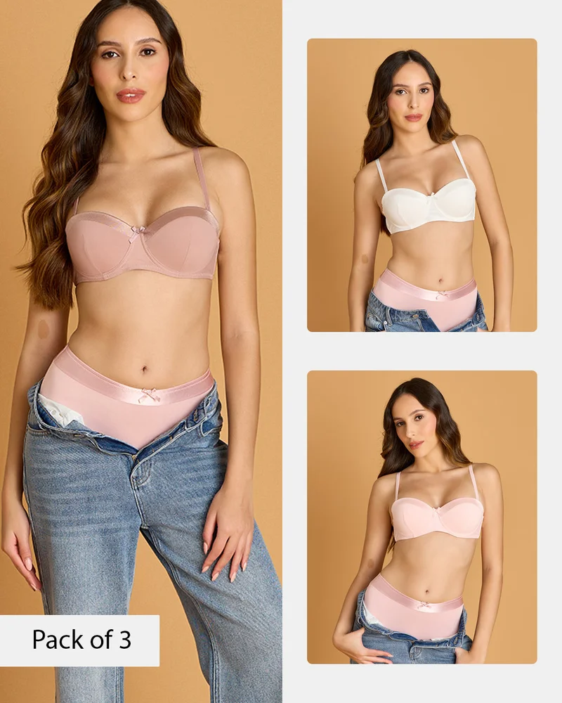 Redtag Women Assorted Balconette Bra With Sheen Tape (3 Pack)