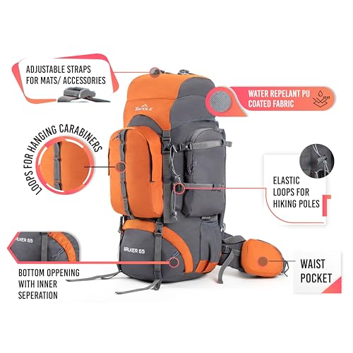 Tripole Walker 65 Litre Rucksack for Trekking and Travel | Laptop Sleeve | Water Repellent | Rain Cover | 3 Year Warranty (Orange, 65) - Image 4