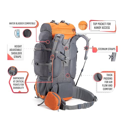 Tripole Walker 65 Litre Rucksack for Trekking and Travel | Laptop Sleeve | Water Repellent | Rain Cover | 3 Year Warranty (Orange, 65) - Image 3