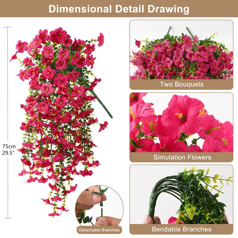 ZFProcess Artificial Hanging Flowers Plants for Outdoor Spring Summer Decoration, 2PCS Faux Silk Morning Glory UV Resistant Look Real for Outside Home Indoor Planter Porch Garden Yard Decor(Rose Red) - Image 2