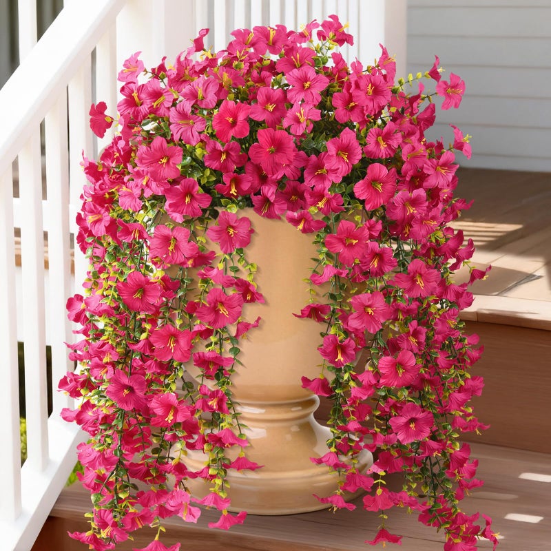 ZFProcess Artificial Hanging Flowers Plants for Outdoor Spring Summer Decoration, 2PCS Faux Silk Morning Glory UV Resistant Look Real for Outside Home Indoor Planter Porch Garden Yard Decor(Rose Red) - Image 1