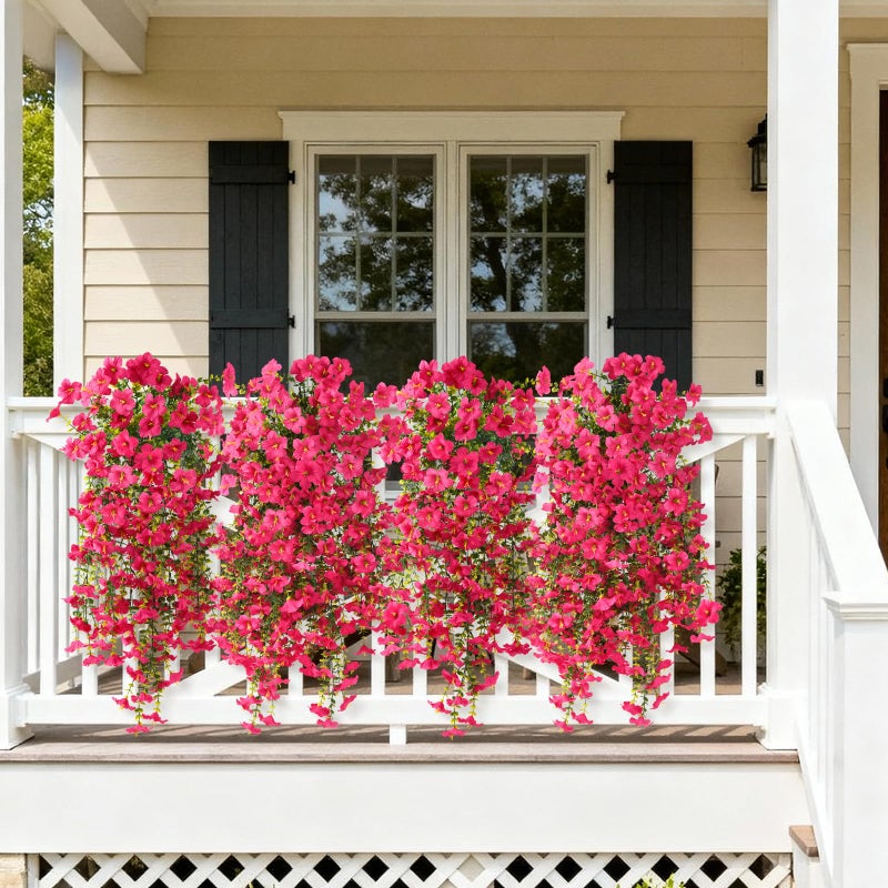 ZFProcess Artificial Hanging Flowers Plants for Outdoor Spring Summer Decoration, 2PCS Faux Silk Morning Glory UV Resistant Look Real for Outside Home Indoor Planter Porch Garden Yard Decor(Rose Red) - Image 4