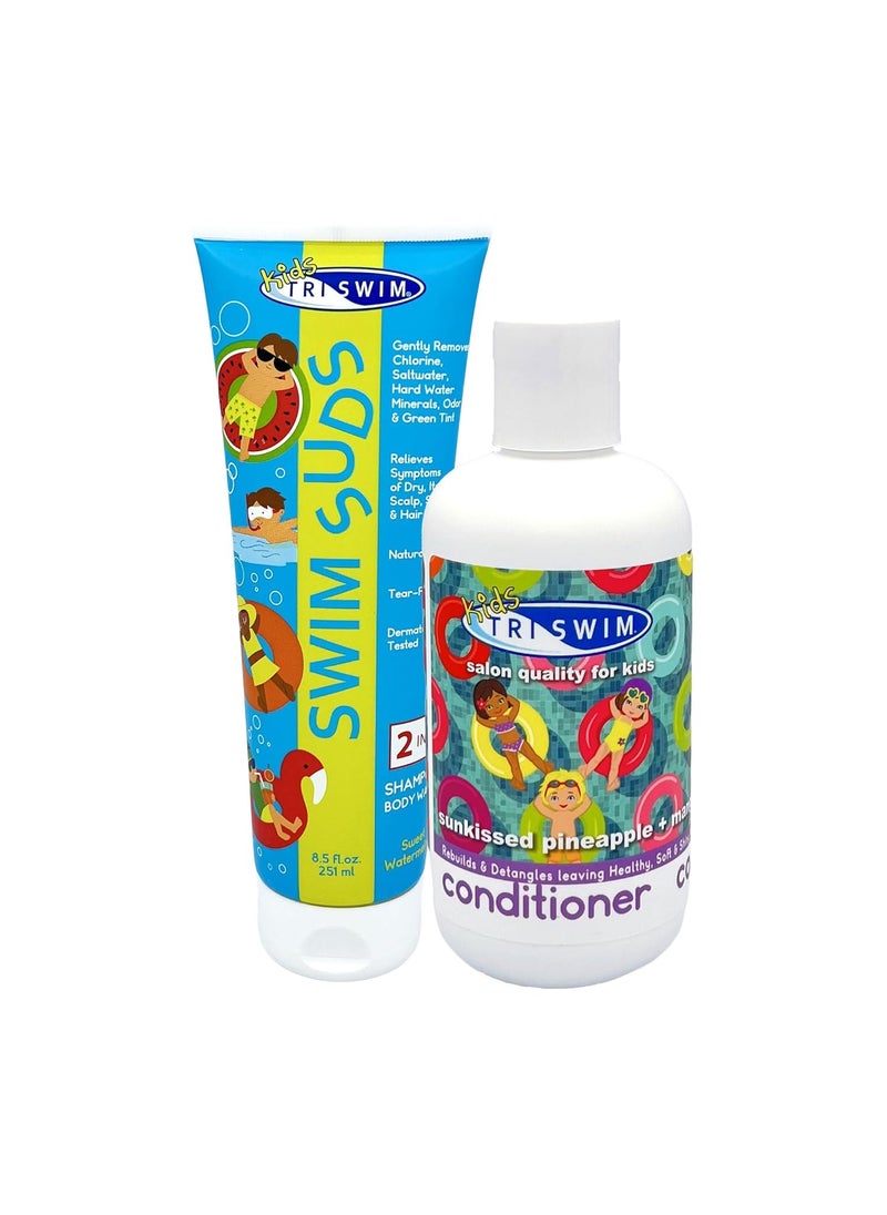 Triswim TRISWIM Kids Swim Suds & Conditioner Set 8.5 fl oz each | Natural Tear-Free 2-in-1 Shampoo Chlorine Removal & Body Wash with Detangler - Gentle Hair and Skin Care Solution for Active Kids 