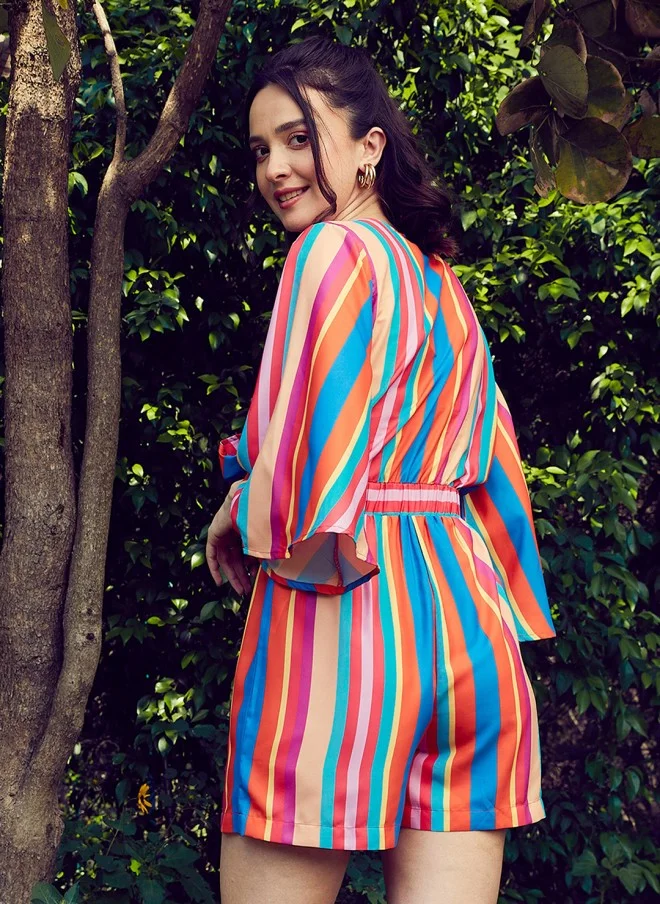 SASSAFRAS Blue & Pink Striped Front Tie Knot Playsuit for Women