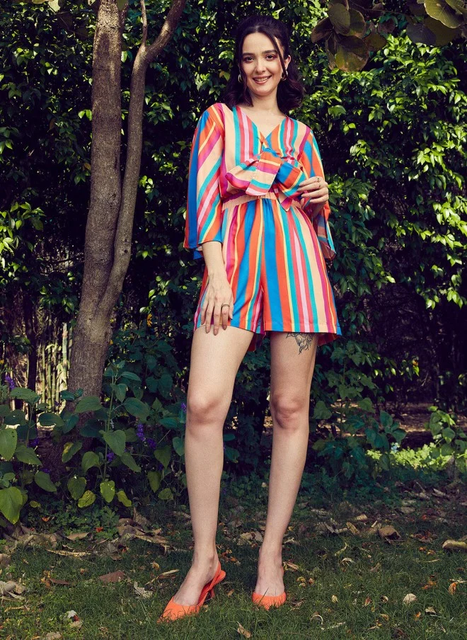 SASSAFRAS Blue & Pink Striped Front Tie Knot Playsuit for Women
