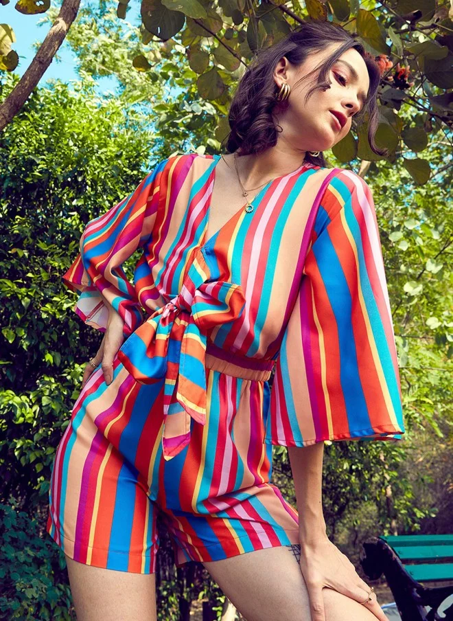 SASSAFRAS Blue & Pink Striped Front Tie Knot Playsuit for Women