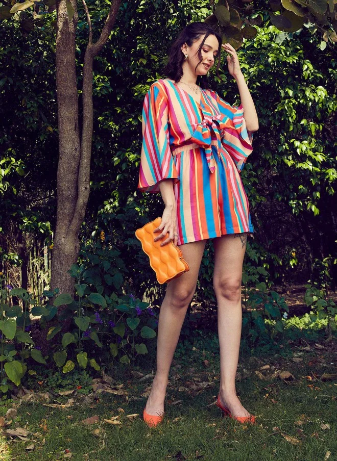 SASSAFRAS Blue & Pink Striped Front Tie Knot Playsuit for Women