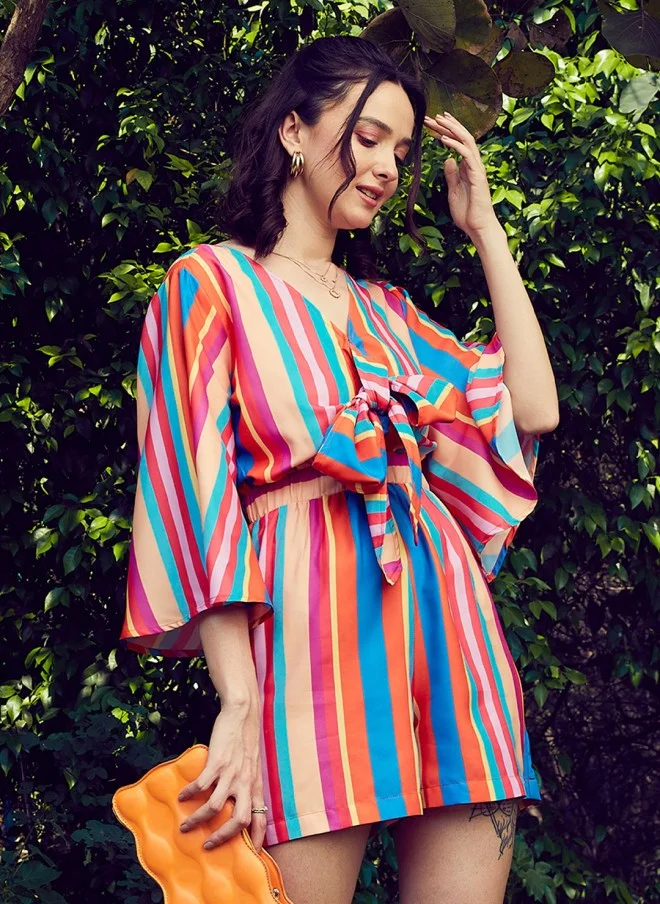 SASSAFRAS Blue & Pink Striped Front Tie Knot Playsuit for Women