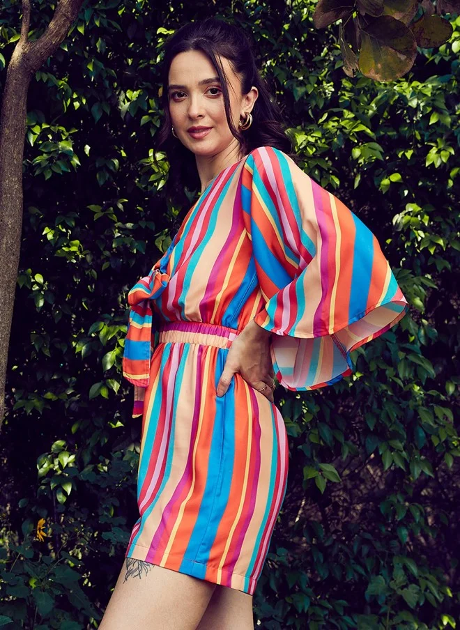 SASSAFRAS Blue & Pink Striped Front Tie Knot Playsuit for Women
